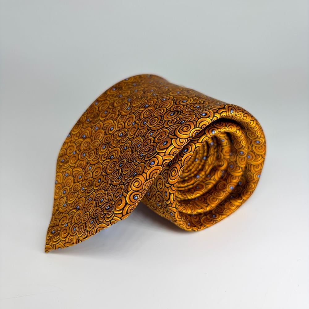 Italo Ferretti Silk Jacquard Art Nouveau Swirl Tie Gold Blue Handmade Italy